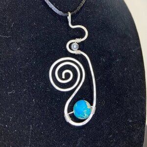 Truly Unique Hammered Stainless Steel Pendant w Blue Dyed Imperial Jasper Bead